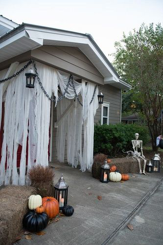 front porch decorated for Halloween