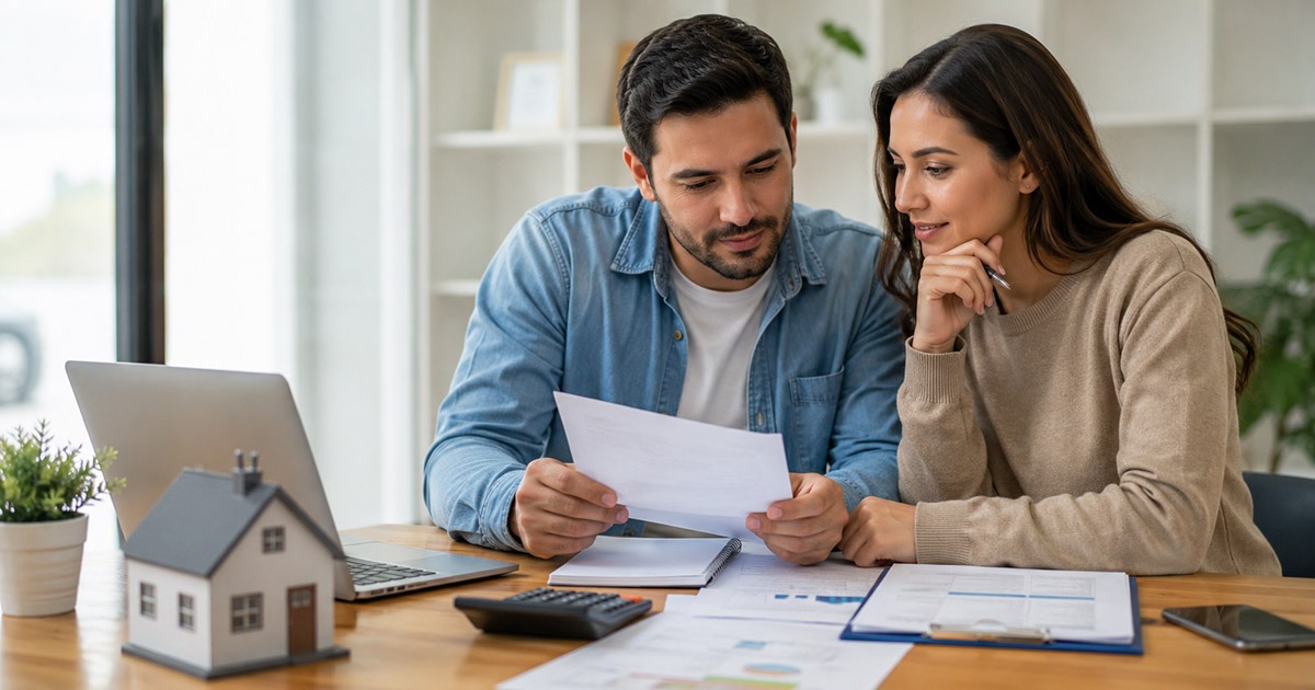 Couple reviewing credit documents before buying a home