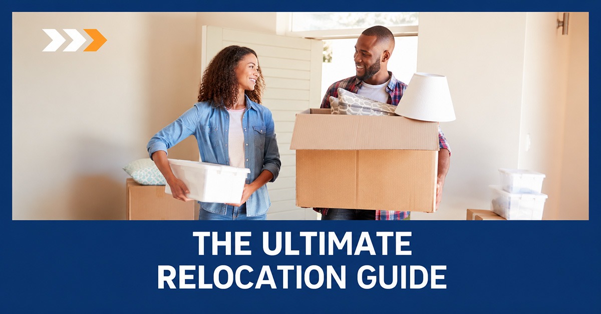 Relocation guide with a couple unpacking boxes in their new home