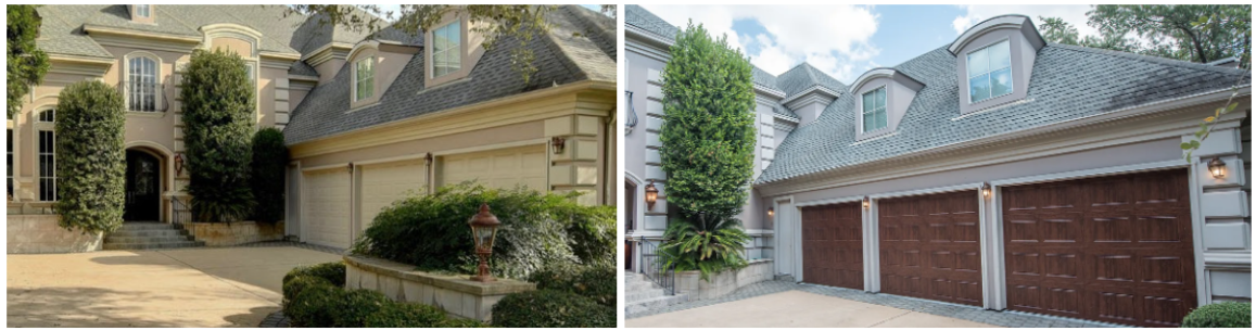 Pictures of two homes with three-car garages