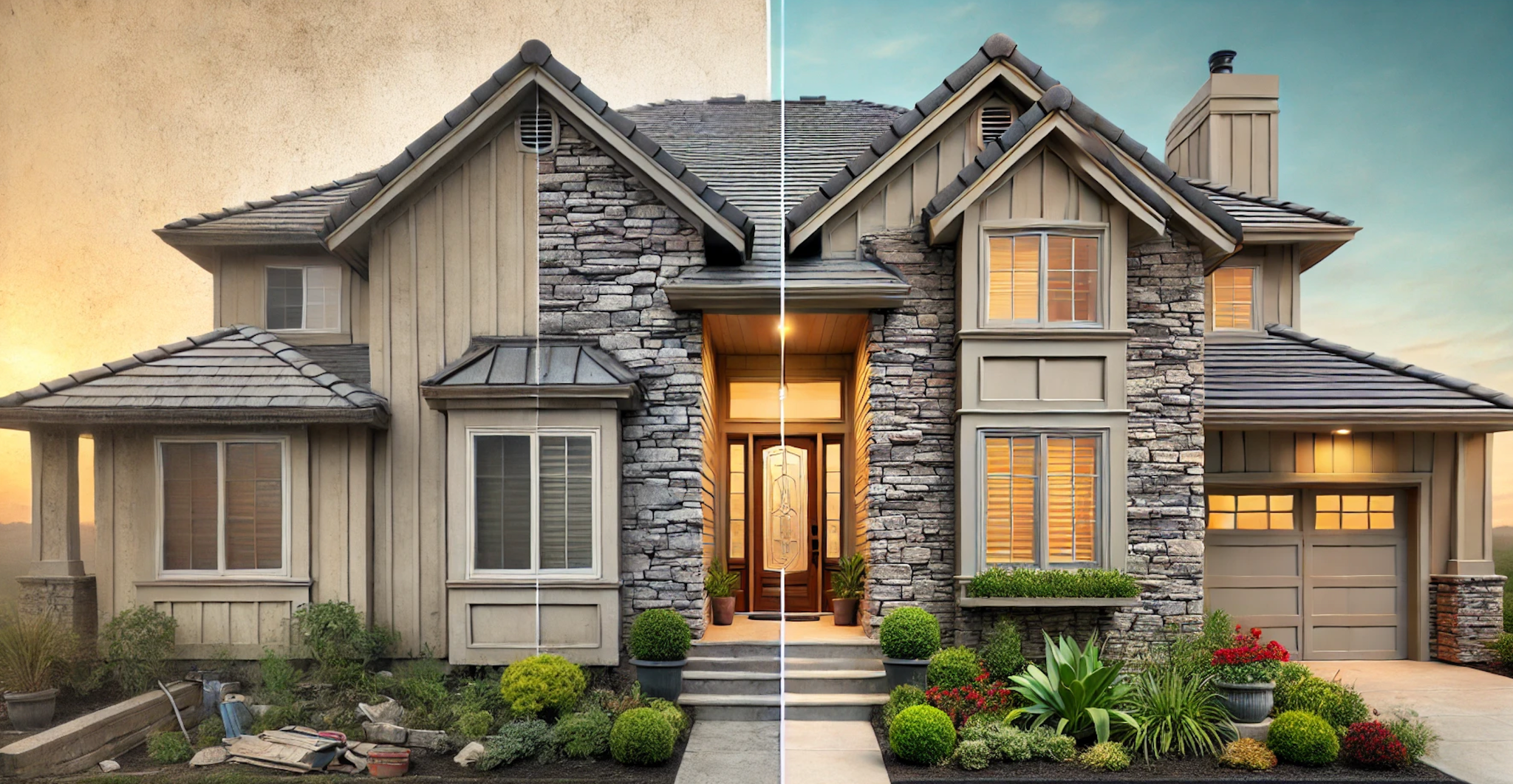 Picture of a home getting stone veneer added on the left and with veneer completed on the right.