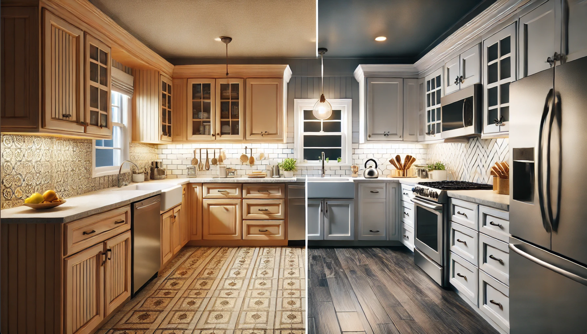 Picture of a home kitchen before a kitchen remodel on the left and after the remodel on the right.