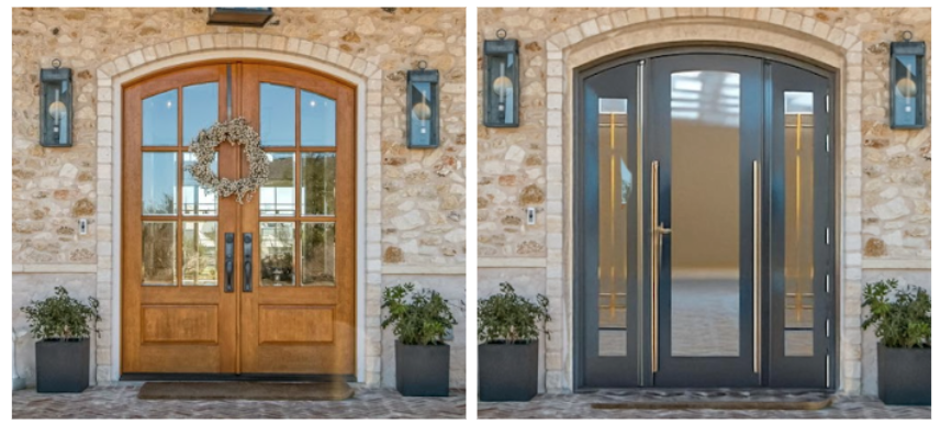 Home with wooden front door on the left and same home with steel front door on the right.