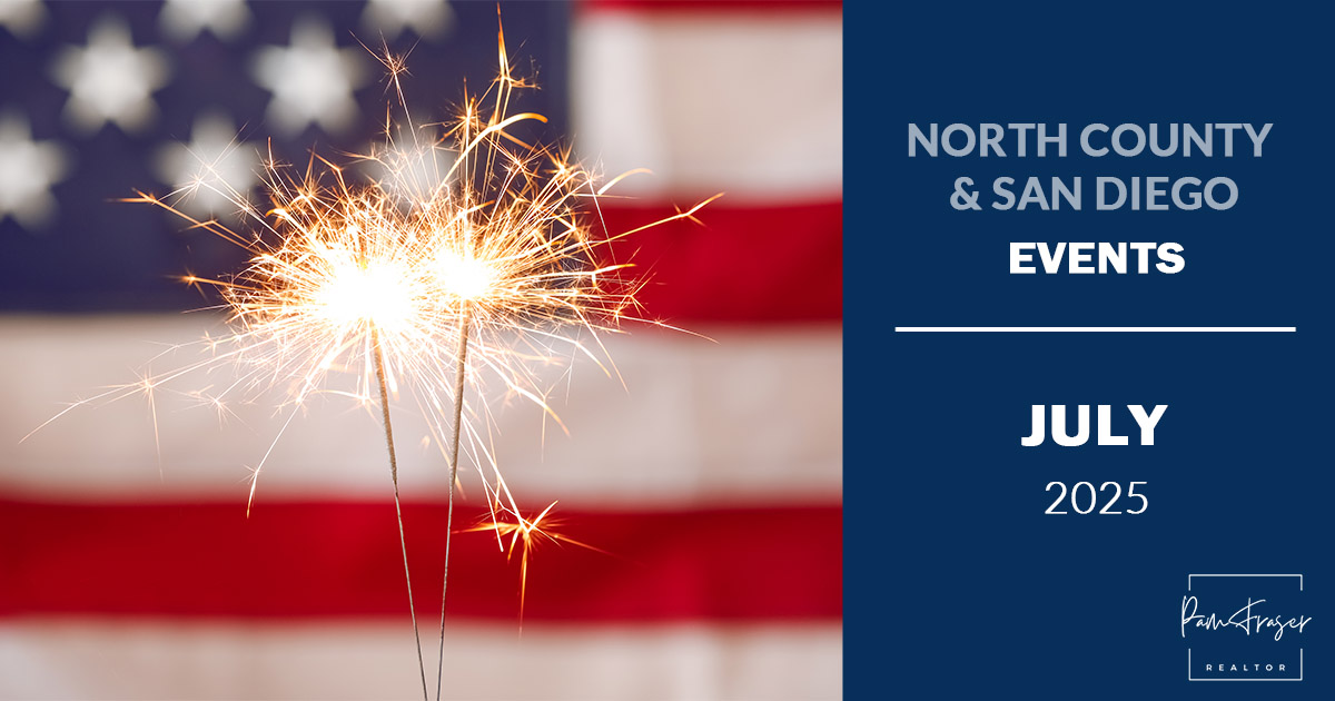 North County and San Diego Events July 2025 Pam Fraser. Picture of an American flag and sparklers.