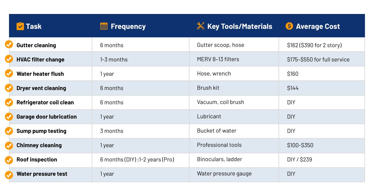 Chart showing home maintenance tasks with task names, frequencies, key tools and materials and average costs for those tasks.