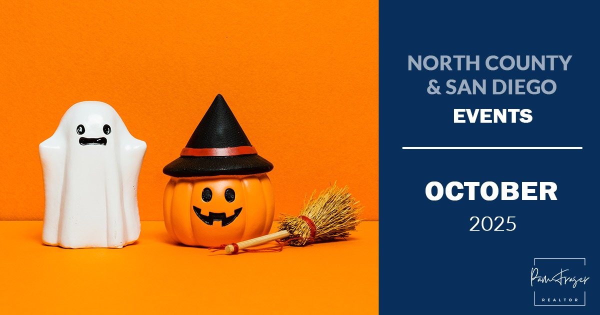 North County and San Diego Events October 2025 by Pam Fraser. Picture of a toy ghost, toy pumpkin wearing a black witch's hat and a broom with an orange background.