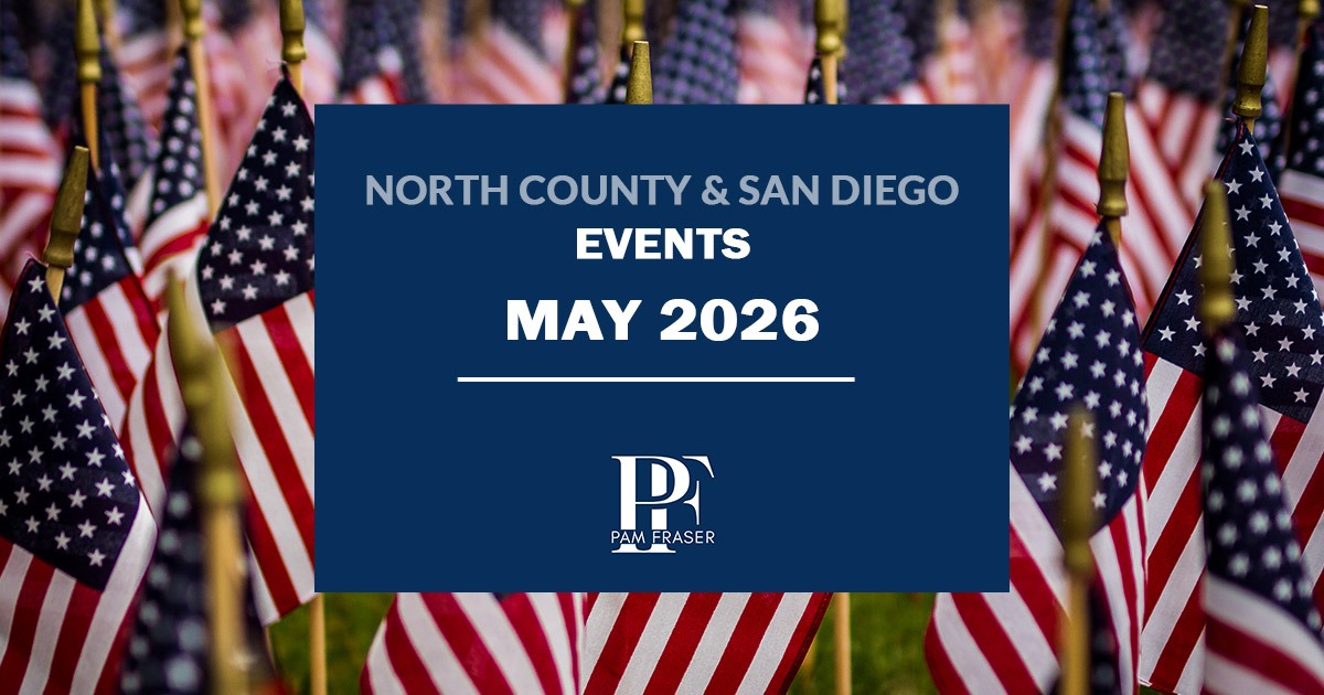 American flags in a graveyard with text "North County & San Diego Events May 2026"