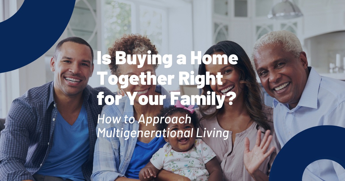 multigenerational family sitting together at home in a living room