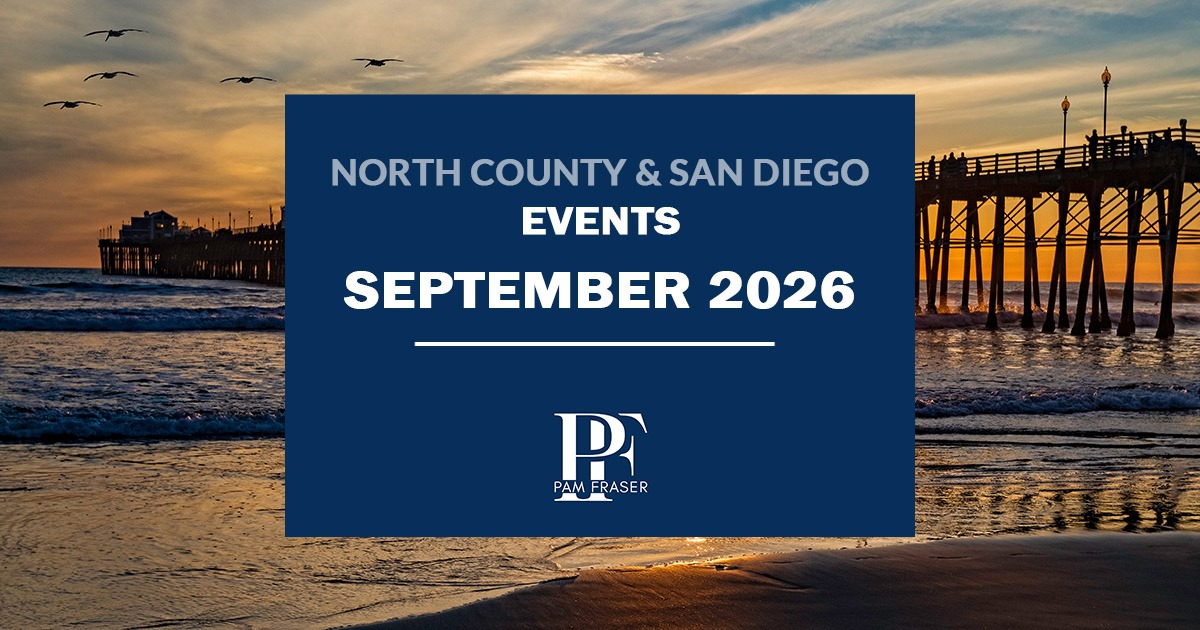 Oceanside Pier at sunset with text reading “North County & San Diego Events September 2026” and Pam Fraser logo.