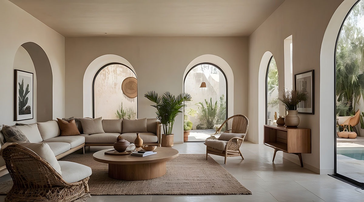 Interior with arched openings and soft architectural lines creating a warm, modern living space