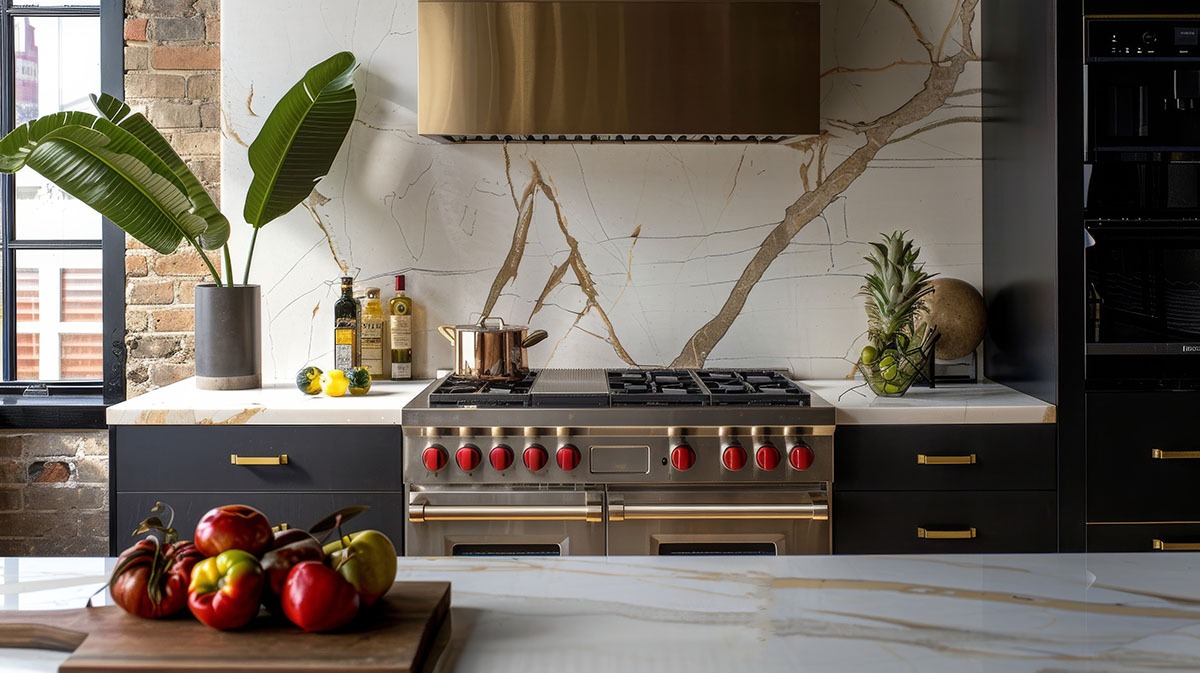 Kitchen with dramatic veined slab stone backsplash and high-end modern range