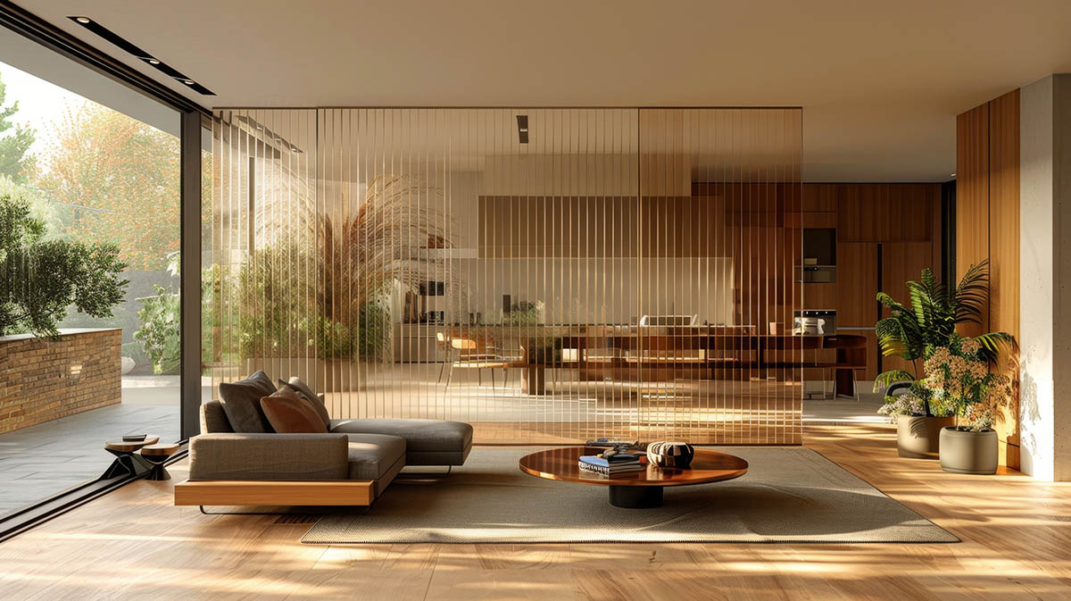 Open concept living and dining space with modern divider creating defined zones