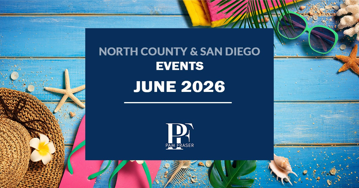 Blue wooden deck with summer and beach items including flipflops, a hat, a towel, shells and sunglasses with text "North County and San Diego Events June 2026"