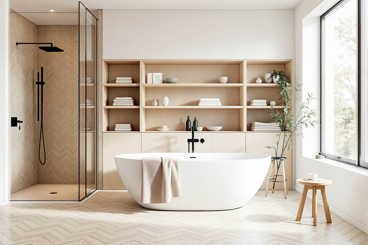 Spa-inspired bathroom with freestanding tub, wood shelving, natural light, and warm neutral finishes