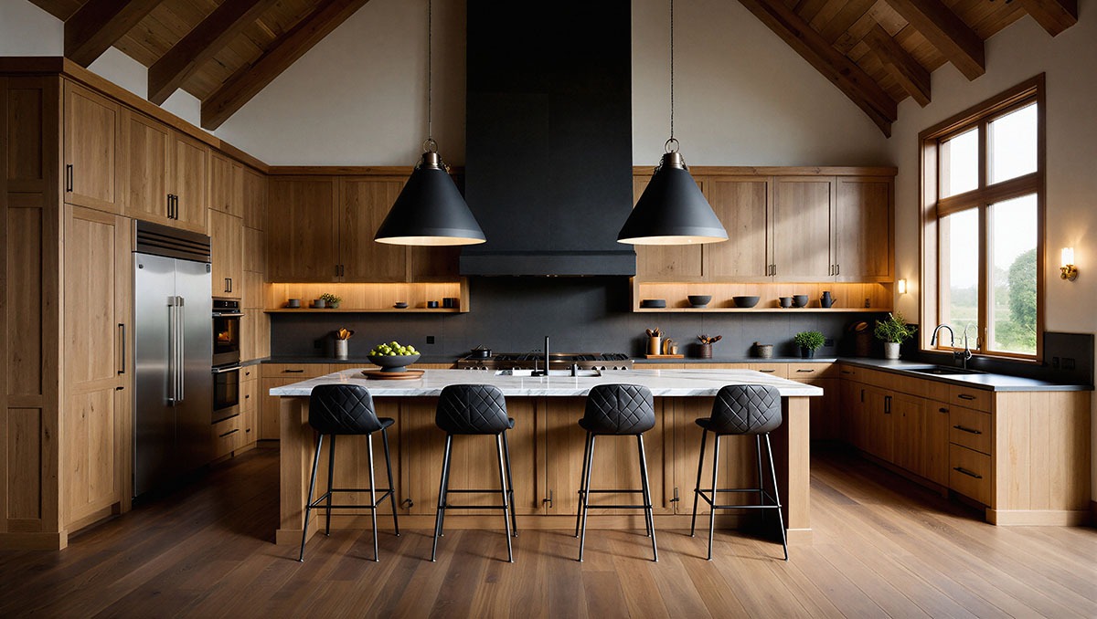 Warm wood kitchen with modern design, natural materials, and functional layout