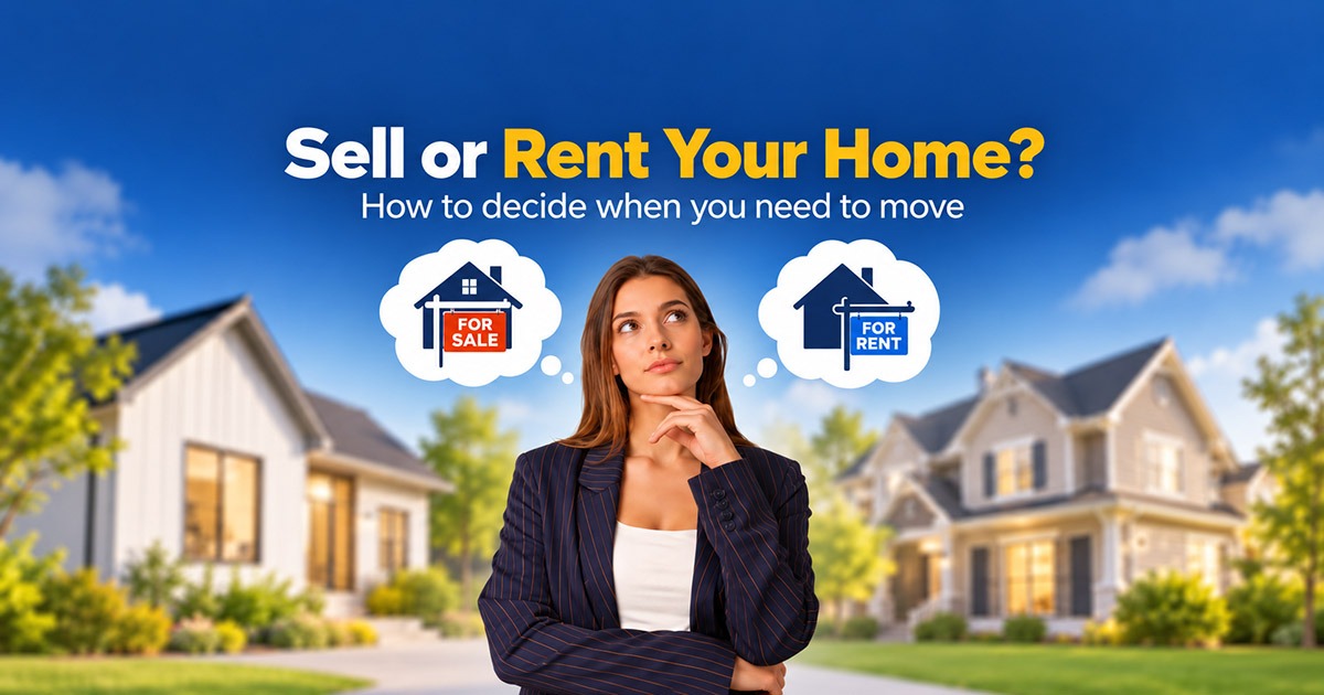 Woman considering whether to sell or rent a home, with for-sale and for-rent options.